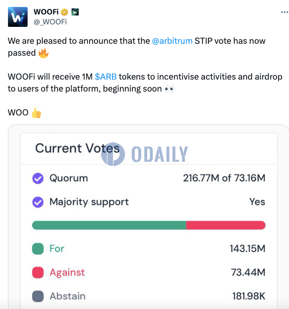 WOOFi将收到100万枚ARB grant用于激励活动和用户空投