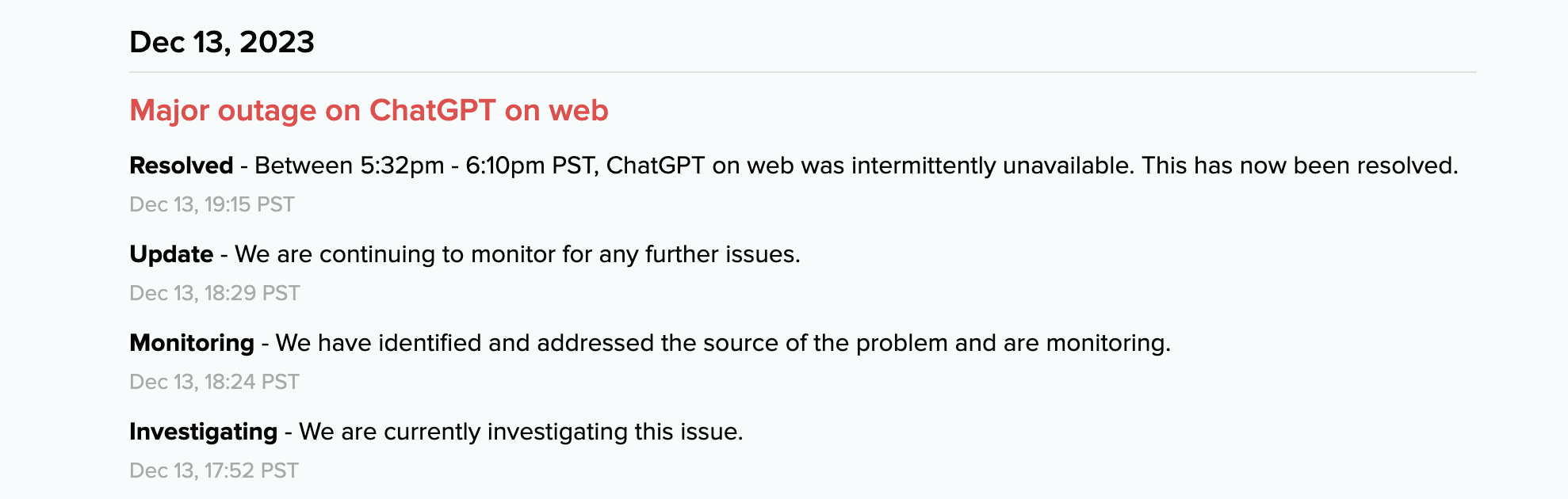OpenAI：ChatGPT 网络出现重大故障，现已恢复正常