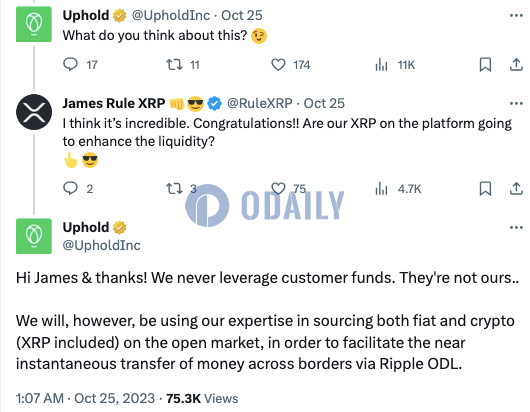 Uphold将在公开市场购买XRP用于其ODL交易，并承诺不会动用客户资金
