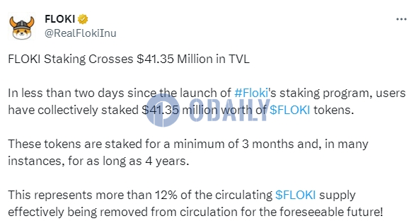 FLOKI：质押TVL超4000万美元，达代币总量12%