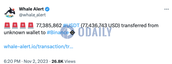 波场链上超7738万枚USDT从未知钱包转至币安