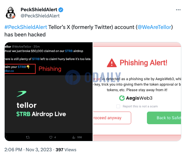 Tellor官方X账号被盗并发布钓鱼链接