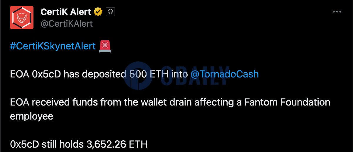 Fantom Foundation攻击者地址将500枚ETH转入Tornado Cash