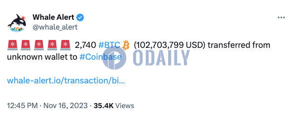 2740枚BTC从未知钱包转至Coinbase