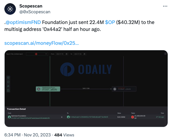 Optimism基金会向一多签地址转入2240万枚OP