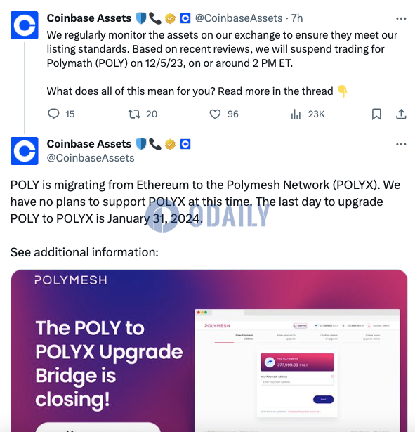 Coinbase将于12月6日暂停Polymath（POLY）交易