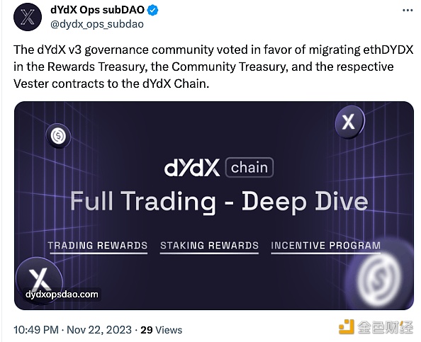 dYdX v3治理社区投票赞成将奖励金库、社区金库中的ethDYDX以及相应的Vester合约迁移到dYdX链