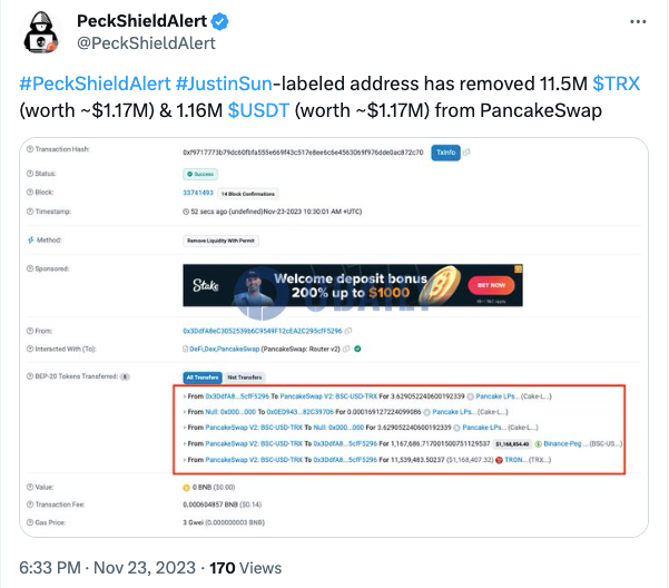 孙宇晨地址从PancakeSwap中移除1150万枚TRX和116万枚USDT