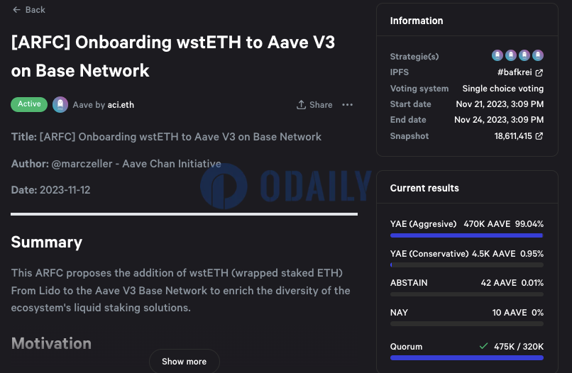 Aave新提案建议V3 Base版本支持wstETH