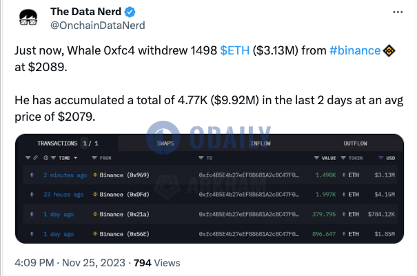 某巨鲸从币安提取1498枚ETH，近两日共计囤积4770枚ETH