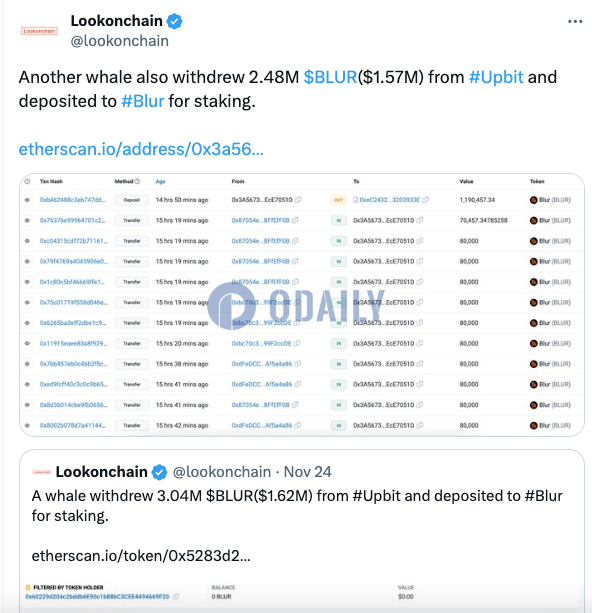 某巨鲸从Upbit提出248万枚BLUR并存入Blur质押