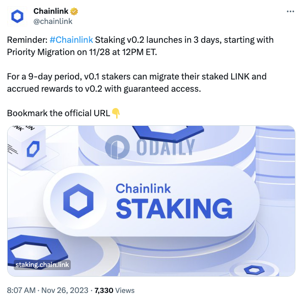 Chainlink Staking V0.2即将推出，11月29日开放优先迁移