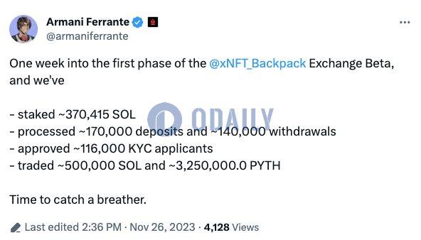 Backpack Beta版推出一周已有超37万枚SOL质押