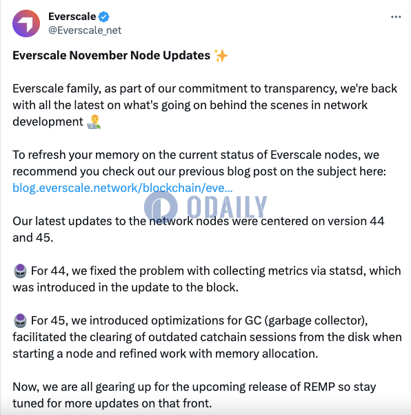 Everscale：11月节点更新集中于版本44和45，目前正为REMP发布做准备