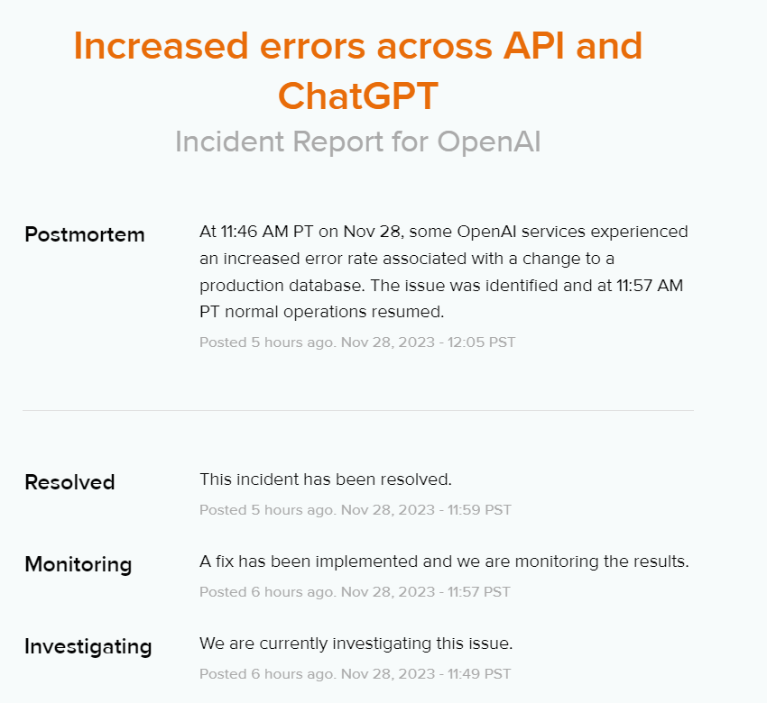 OpenAI 部分服务出现短时故障，目前已修复