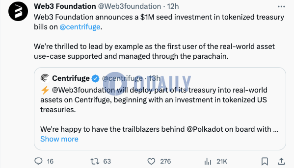 Web3 Foundation将通过Centrifuge进行100万美元的RWA投资