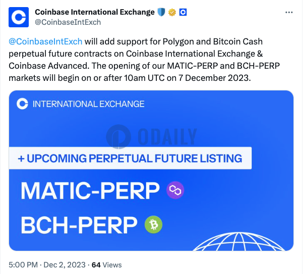 Coinbase International Exchange将上线MATIC、BCH永续合约