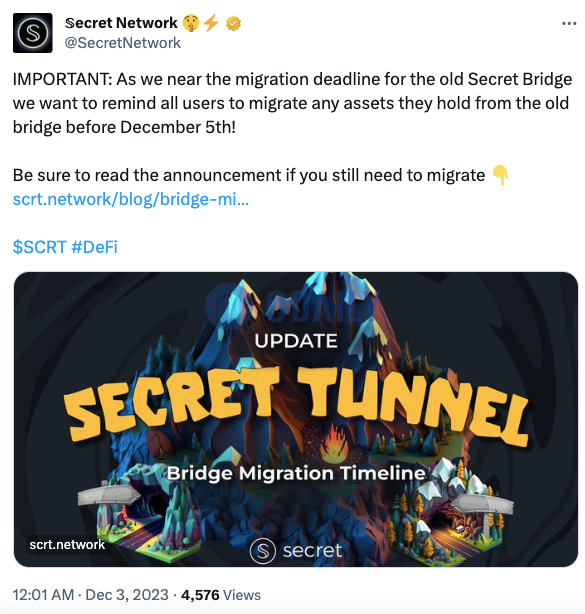 Secret Bridge将于12月5日关闭，用户需将资产迁移至Secret Tunnel