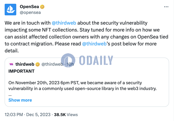 OpenSea：正与Thirdweb就影响某些NFT系列的安全漏洞进行联系