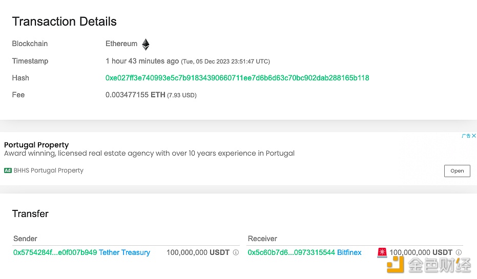 1亿枚USDT从Tether Treasury转移到Bitfinex