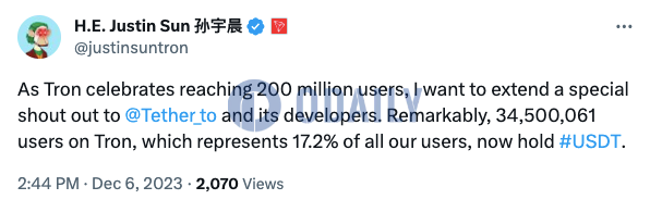 孙宇晨：Tron上17.2%的用户持有USDT