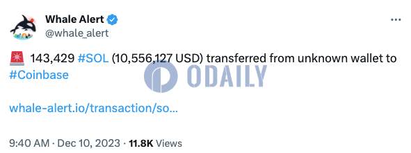 143,429枚SOL从未知钱包转至Coinbase