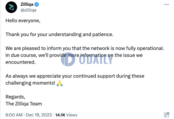 Zilliqa：网络已恢复全面运行
