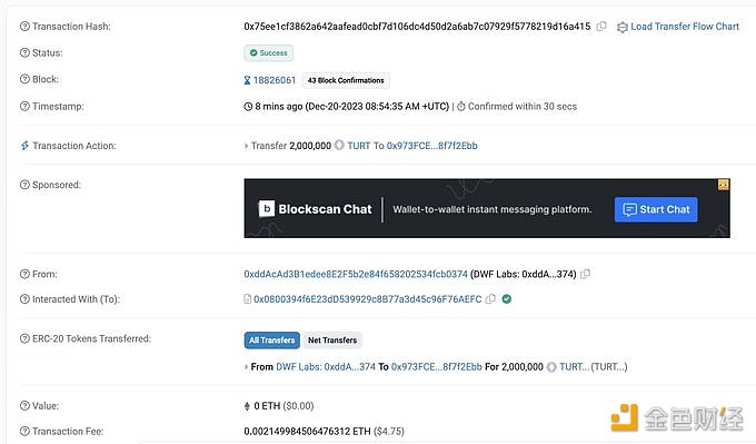 DWF Labs十分钟前向KuCoin充值200万枚TURT