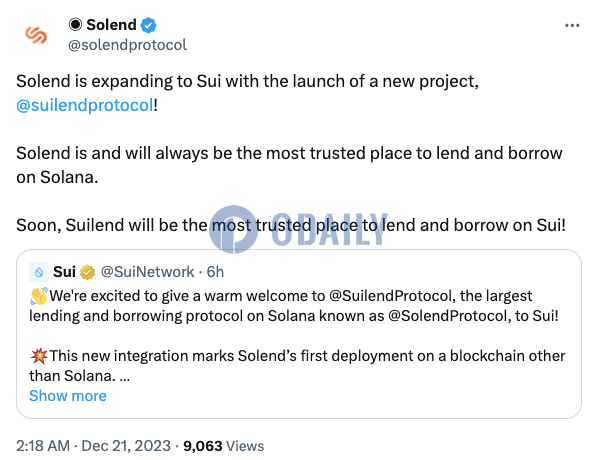 Solana生态借贷协议Solend推出新项目Suilend，以将业务扩展至Sui