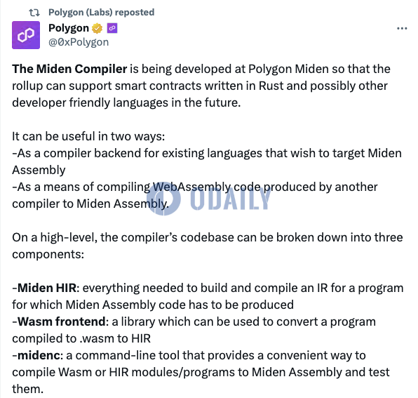 Polygon：Miden Compiler正部署至Polygon Miden，支持Rust编写的智能合约