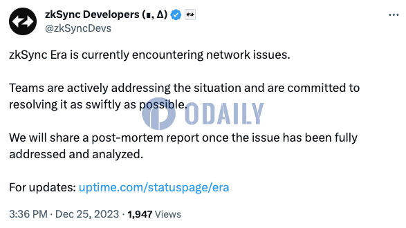 zkSync Era网络暂停出块2小时，官方表示正在处理