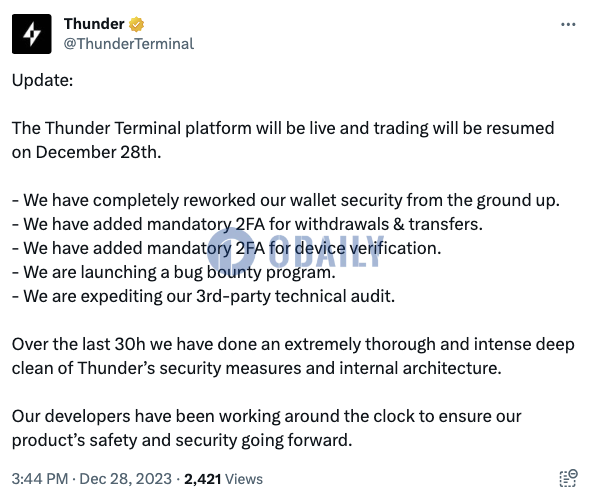 Thunder Terminal平台将于12月28日上线并恢复交易