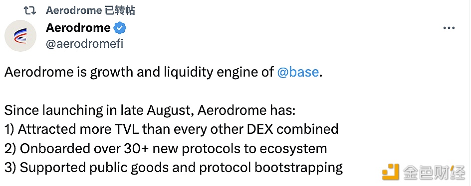 Aerodrome：自推出以来其TVL已超越Base链上其它所有DEX总和