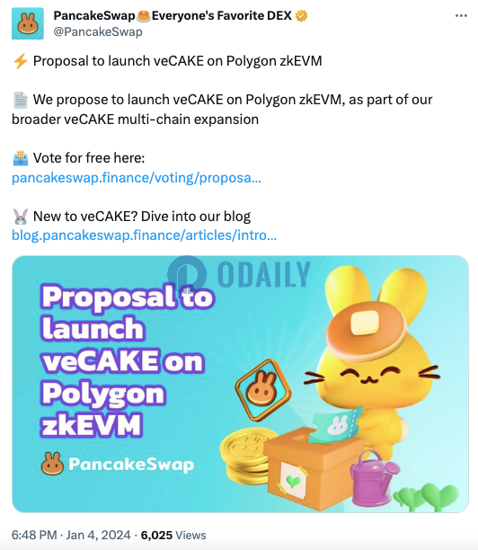 PancakeSwap发起“在Polygon zkEVM上推出veCAKE”的提案投票