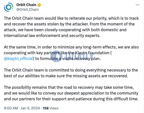 Orbit Chain重申：追踪并恢复被攻击者盗取资产为首要任务，仍需要一段时间