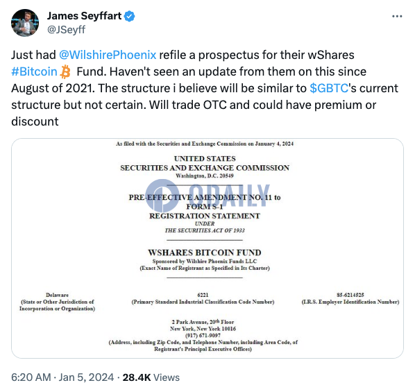 Wilshire Phoenix已递交wShares Bitcoin Fund新版S-1文件