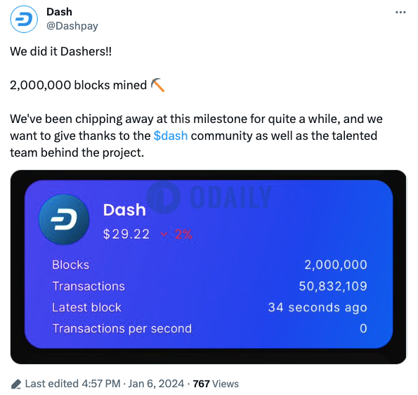 Dash网络已产出超200万个区块