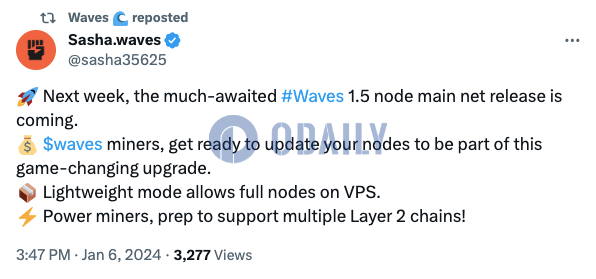 Waves创始人：Waves 1.5节点主网版本将于下周发布