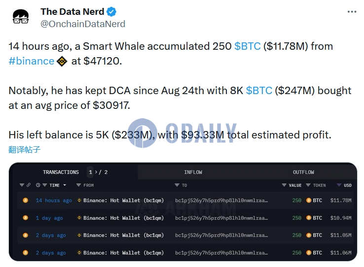 某巨鲸再次从币安购入250枚BTC，8月以来累计购入8000枚BTC