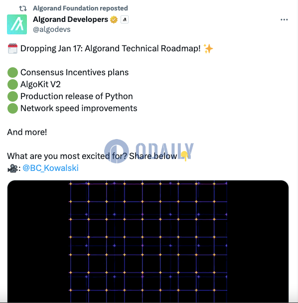 Algorand技术路线图将于1月17日发布，包括共识激励计划、AlgoKit V2等