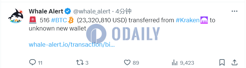 516枚BTC从Kraken转移到未知钱包