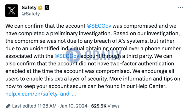 SEC X账号被盗系关联电话号码被非法占用，其未启用双重认证