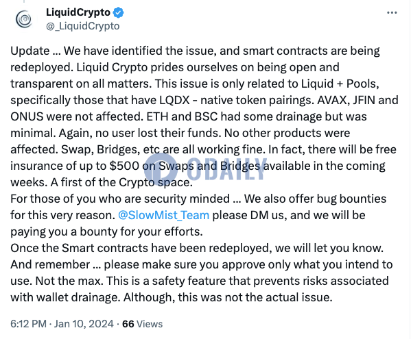 LiquidCrypto就安全事件做出回应：正重新部署智能合约，用户资金未受影响