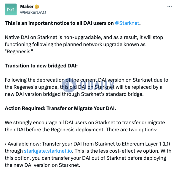 Maker：Starknet上原生DAI将在Regenesis升级后停用