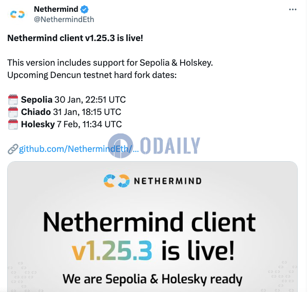 Nethermind客户端V1.25.3已上线，新增对Sepolia和Holskey支持