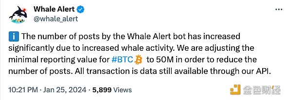 Whale Alert：将BTC的最小报告值调整为5000万美元