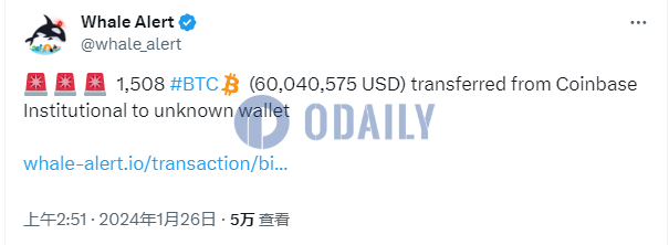 1508枚BTC从Coinbase转至未知钱包