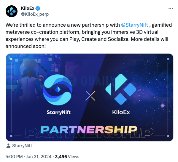 链上合约交易平台KiloEx与众创元宇宙平台StarryNift达成合作