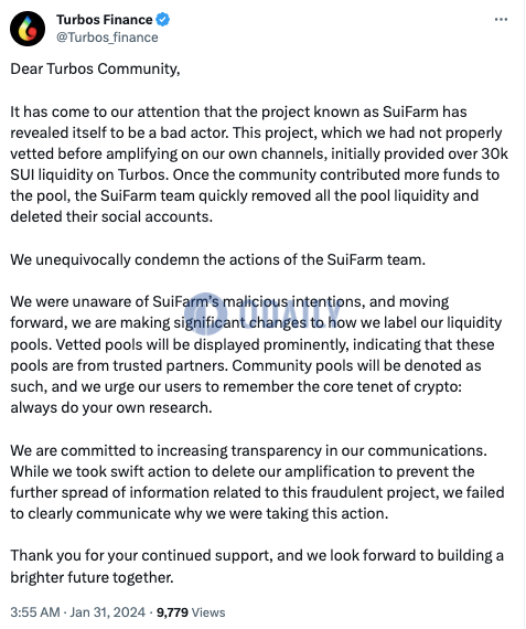 Turbos Finance：SuiFarm在Turbos上提供超3万枚SUI流动性并吸引更多资金后移除所有流动性