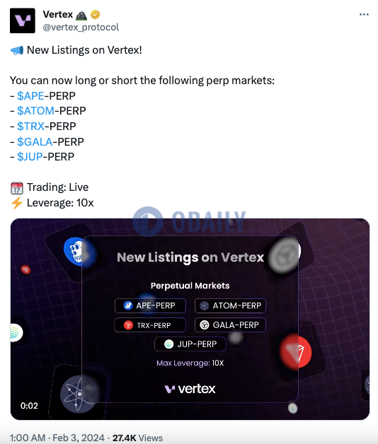 Vertex新增JUP、APE、ATOM、TRX、GALA永续合约交易